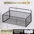 Cesta de almacenamiento de pared de metal negro con 3 ganchos adhesivos para baño - Mejorado / 24cm (With 3 Hooks) / Negro