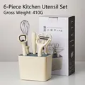 Comprehensive 6-piece cream white kitchen tool set including peeler and whisk in holder. - White 6-Piece (With Base) / 6-Piece Set