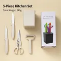 Beige 5-piece kitchen utensil set including scissors, peeler, knives and storage - White B Style 5-Piece (With Base)