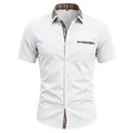 Men's white short sleeve button down shirt with brown plaid contrast collar detail - S / Tops / White