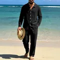 Full view of a man wearing a black long sleeve linen shirt and pants set on a sunny beach - S / Top And Bottom / Black