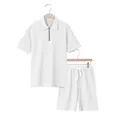 Ensemble en maille gaufrée blanche avec polo à demi-zip et short pour homme. - S / Top And Bottom / Blanc