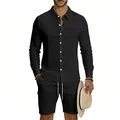 Completo estivo da uomo in lino nero con camicia a maniche lunghe e pantaloncini cargo - Taglia S / Top e Pantaloni / Nero