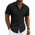 Atmungsaktives Herren Kurzarm Leinenhemd in Schwarz mit Reverskragen und Brusttasche - S / Oberteile / Schwarz