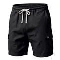 Herren-Cargo-Shorts aus Baumwolle und Leinen in Schwarz mit Kordelzug und Seitentaschen. - S / Schwarz