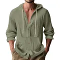 Detailed texture of men's olive green linen cotton hooded shirt with buttons - Army Green