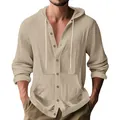 Vista detallada de la camisa de hombre de algodón y lino caqui con capucha y botones - S / Tops / Caqui
