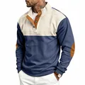 Casual men's corduroy color-block sweatshirt featuring stand collar and elbow patches - S / Top (MG-36) / Navy Blue