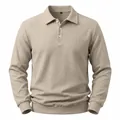 Detailed view of the waffle knit texture on a beige men's long-sleeved polo shirt - S / Tops / Khaki