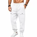 Men's stylish white cargo sweatpants with drawstring waist and snap button pockets - S / Bottoms / White