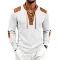 Men's white waffle Henley shirt with brown shoulder patches and lace-up neck - S / Tops / White