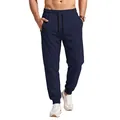 Close-up of men's navy blue joggers featuring a drawstring waist and side zipper pocket - S / Bottoms / Navy Blue