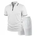 Close-up of white men's diamond jacquard polo shirt and shorts set with zipper - S / Top And Bottom / White