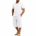 Full view of white cotton linen men's polo shirt and cropped drawstring pants set - S / Top And Bottom / White