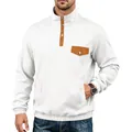 Classic men's white long-sleeve sweatshirt with stand collar and contrast brown pocket. - S / White