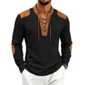 Men's medieval waffle knit long sleeve henley t-shirt with lace-up neck and patches - S / Tops / Black