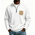 Men's casual white quarter-zip fleece sweatshirt with khaki patch pocket and stand collar. - S / Tops / White