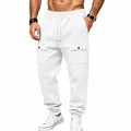 Men's white fleece-lined cargo sweatpants with drawstring waist and snap button pockets - S / Bottoms / White