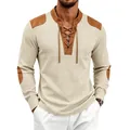 Men's vintage beige waffle knit long sleeve henley shirt with lace-up neck and shoulder patches - S / Tops / Apricot