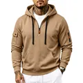 Sudadera con capucha de vellón pesado caqui para hombre con bolsillos tácticos manga - S / Tops / Camel