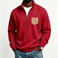 Red men's half-zip fleece sweatshirt with contrasting khaki chest pocket and stand collar - S / Tops / Red
