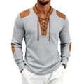 Men's vintage grey waffle knit Henley shirt featuring lace-up neck and brown suede patches - S / Light Gray