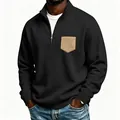Men's black half-zip sweatshirt with khaki patch pocket and stand collar fleece lining. - S / Tops / Black