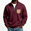 Men's burgundy half-zip fleece sweatshirt featuring a stylish tan chest pocket detail. - S / Tops / Burgundy