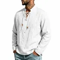 Camisa informal de lino blanco de manga larga para hombre con diseño de cuello mao con cordones - S / Tops / Blanco