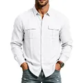 White men's long-sleeved linen shirt with breathable fabric and double chest pockets - S / Tops / White