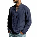 Camisa casual de lino azul marino para hombre con cuello levantado y diseño de cordones front - S / Tops / Azul marino