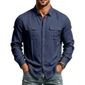 Men's navy blue linen long sleeve casual shirt with double chest pockets for autumn - S / Tops / Navy Blue