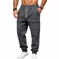 Warm men's grey fleece cargo sweatpants featuring drawstring waist and large pockets - Dark Gray