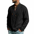 Camisa informal de lino negro para hombre con cuello alto y cordones en el escote - S / Tops / Negro