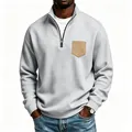 Grey men's half-zip fleece sweatshirt featuring a contrast tan chest pocket detail - Light Gray