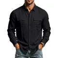 Professional men's black linen long-sleeved utility shirt featuring dual chest pockets - S / Tops / Black