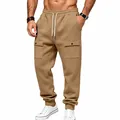 Men's khaki cargo sweatpants with fleece lining and adjustable drawstring waist - Camel