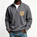Men's grey half-zip sweatshirt featuring a contrast tan pocket and warm fleece lining - Dark Gray