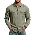 Men's olive green linen long-sleeve shirt with dual chest pockets and button front - S / Tops / Army Green