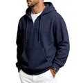 Comfortable navy blue waffle knit hoodie for men featuring half-zip and kangaroo pocket - S / Tops / Navy Blue