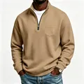 Men's khaki half-zip fleece sweatshirt featuring a chest pocket and comfortable mock neck - Camel