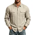 Casual khaki linen long sleeve shirt for men with stylish dual buttoned chest pockets - S / Tops / Khaki
