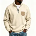 Men's beige half-zip fleece sweatshirt with chest pocket and mock neck collar - Apricot