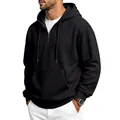 Men's black waffle knit hoodie featuring half-zip design, drawstring hood, and kangaroo pocket - S / Tops / Black