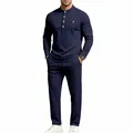 Men's casual navy blue Henley long sleeve shirt and straight pants two-piece lounge set - S / Top And Bottom / Navy Blue