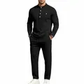 Casual men's black long-sleeve Henley shirt and straight trousers two-piece set - S / Top And Bottom / Black