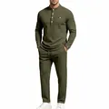 Men's casual olive green Henley long sleeve two-piece tracksuit set with straight trousers - S / Top And Bottom / Army Green