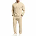 Conjunto Henley casual de dos piezas en beige para hombre con top de manga larga y pantalón - Albaricoque