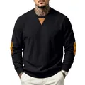 Detailweergave van zwarte corduroy herensweatshirt met bruine patches op nek en ellebogen. - S / Tops / Zwart