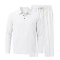 Close-up of white cotton linen men's long-sleeve polo shirt and drawstring pants set - S / Top And Bottom / White
